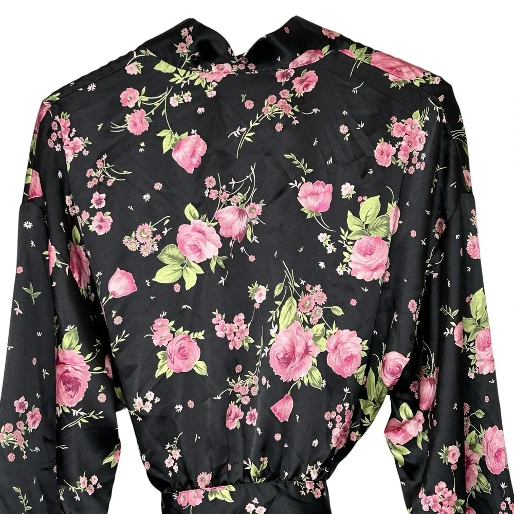 Victorias Secret Floral Silky Robe One Size O/S Y2k Coquette Romantic Mini Black - Picture 9 of 12